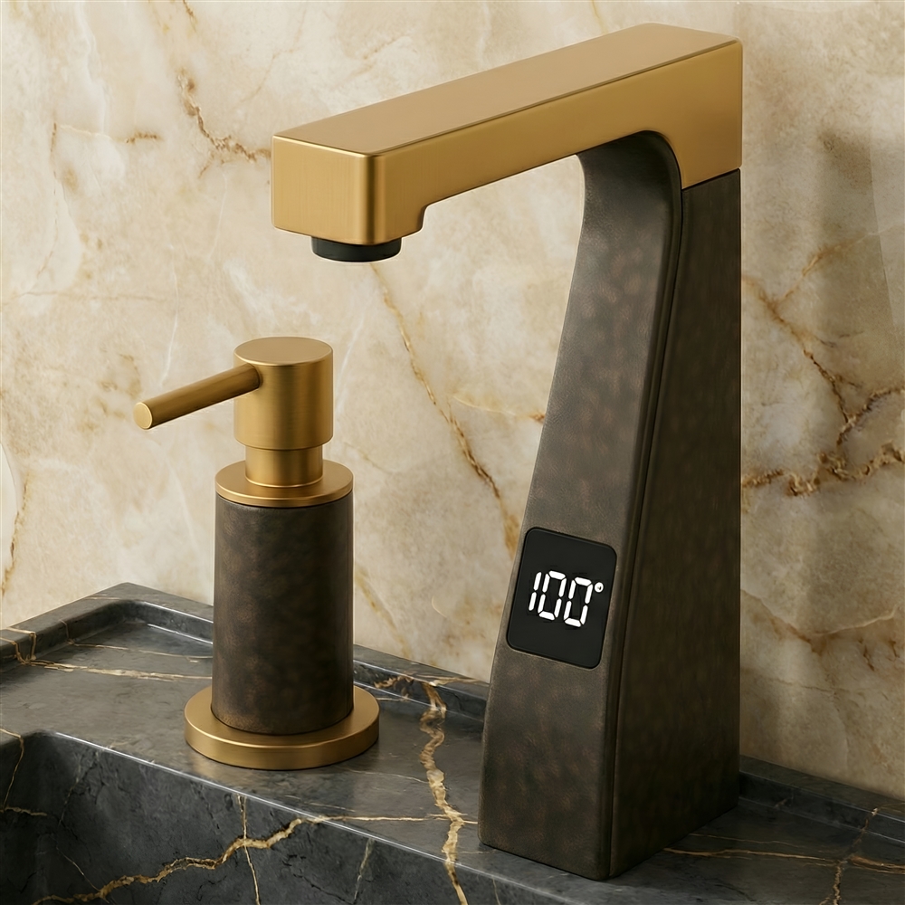 Modern airport restroom with commercial touchless faucets installed above lavatory sinks