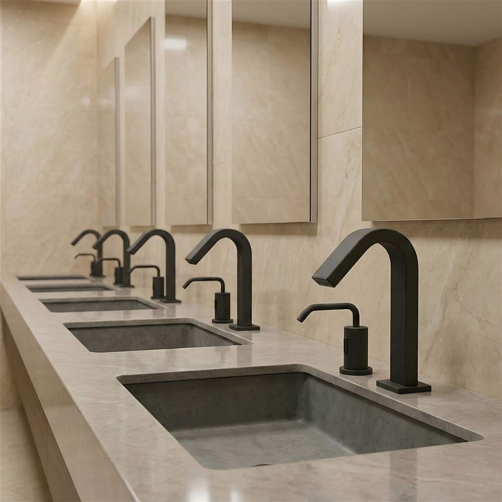 Close-up of hands-free commercial faucet activation in an airport restroom