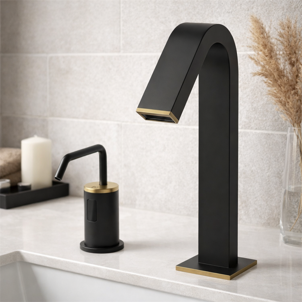 Architect reviewing airport restroom touchless faucet specifications and cut sheets