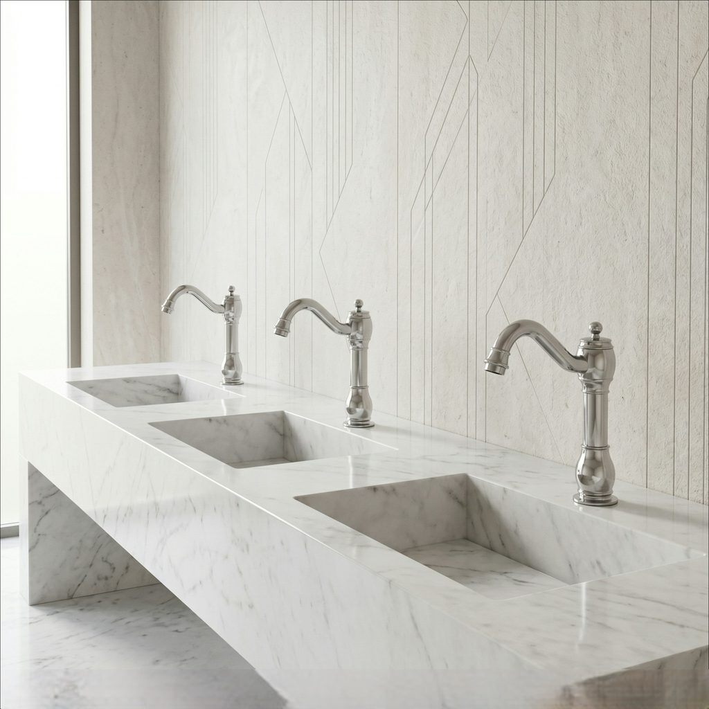 Modern high traffic commercial interior representing aviation touchless faucet infrastructure research
