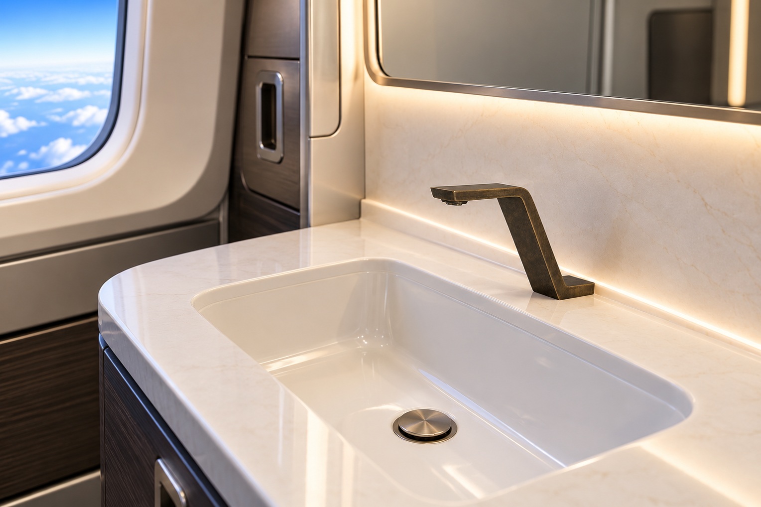 Antique brass angular aviation faucet in a private jet lavatory