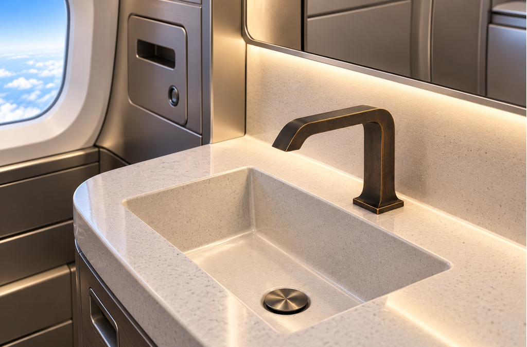 Antique brass aviation faucet in a luxury private jet lavatory