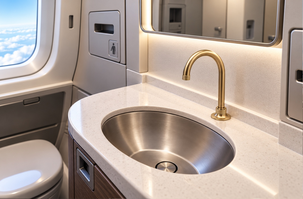 Brushed gold aviation faucet at a private jet lavatory sink