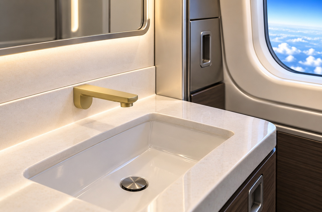 Brushed gold wall-mounted aviation faucet in a private jet lavatory