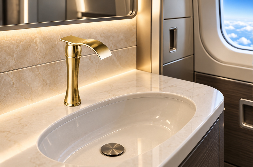 Brushed gold waterfall aviation faucet in a luxury private jet lavatory