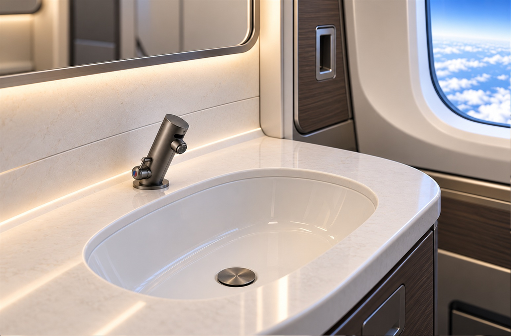 Compact aviation lavatory faucet in a private jet restroom