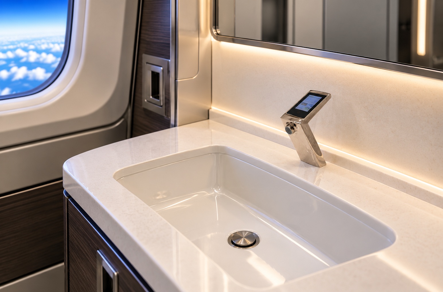 Digital smart aviation faucet installed in a private jet lavatory