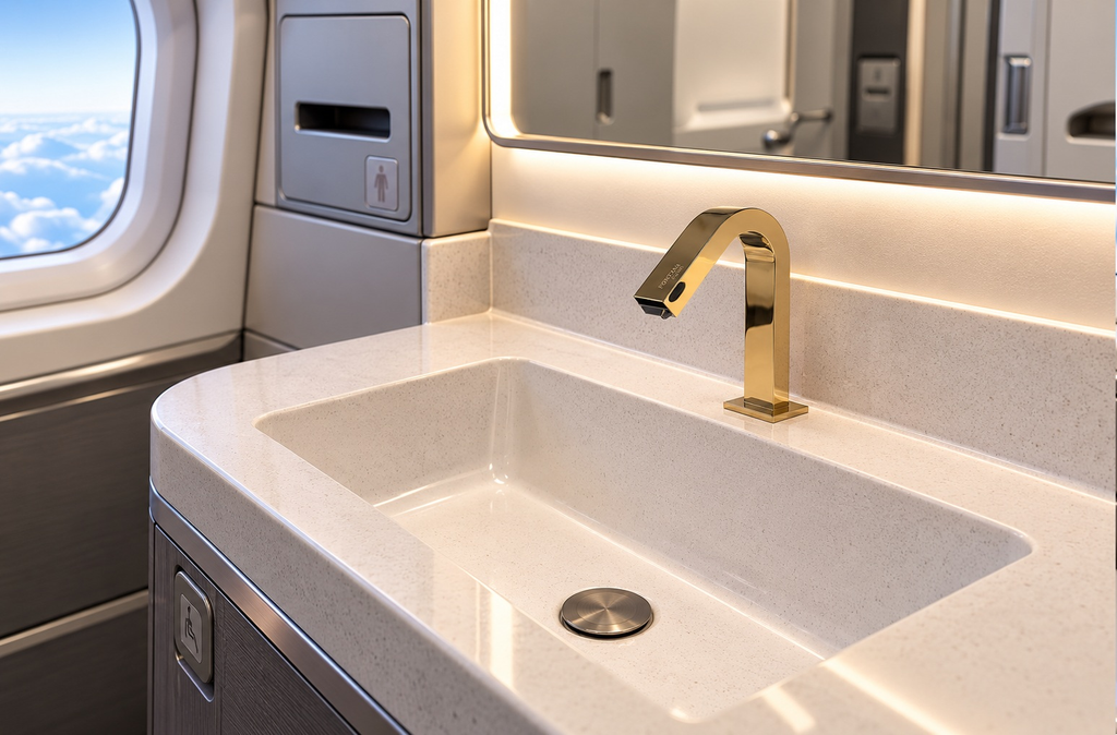 Gold automatic sensor faucet in a private jet aircraft lavatory