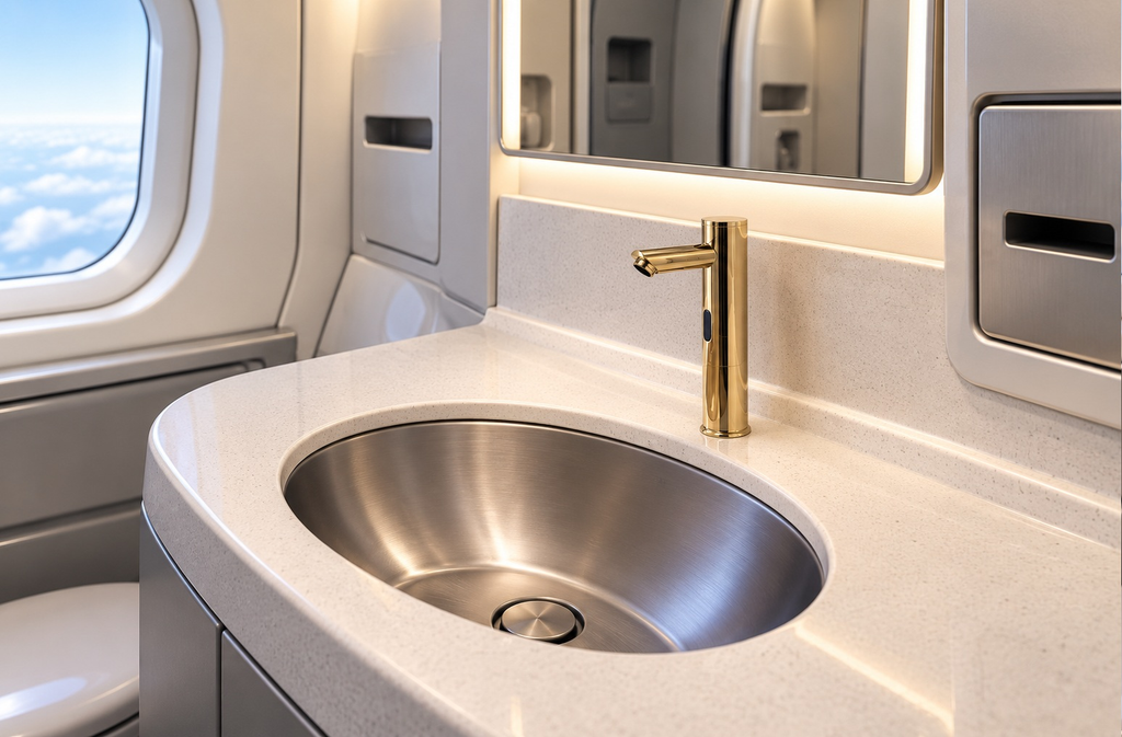 Gold touchless aviation faucet in a private jet lavatory