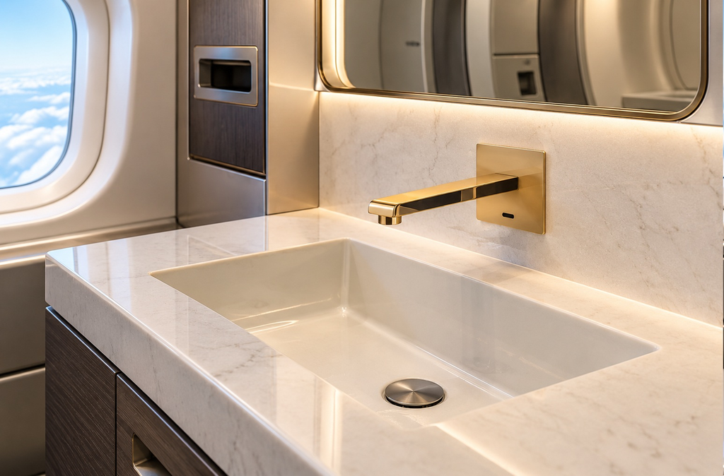 Gold wall-mounted aviation faucet in a luxury private jet lavatory