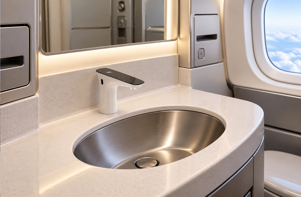 Smart touchless faucet in a luxury aircraft lavatory