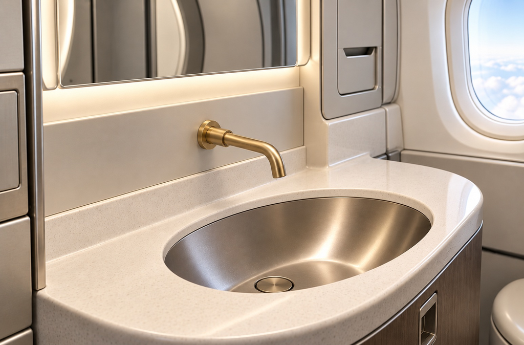Gold wall-mounted faucet in a luxury aircraft lavatory