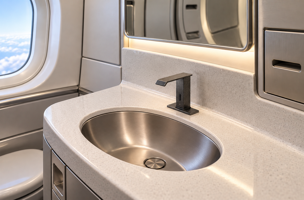 Automatic sensor faucet in a luxury private jet lavatory