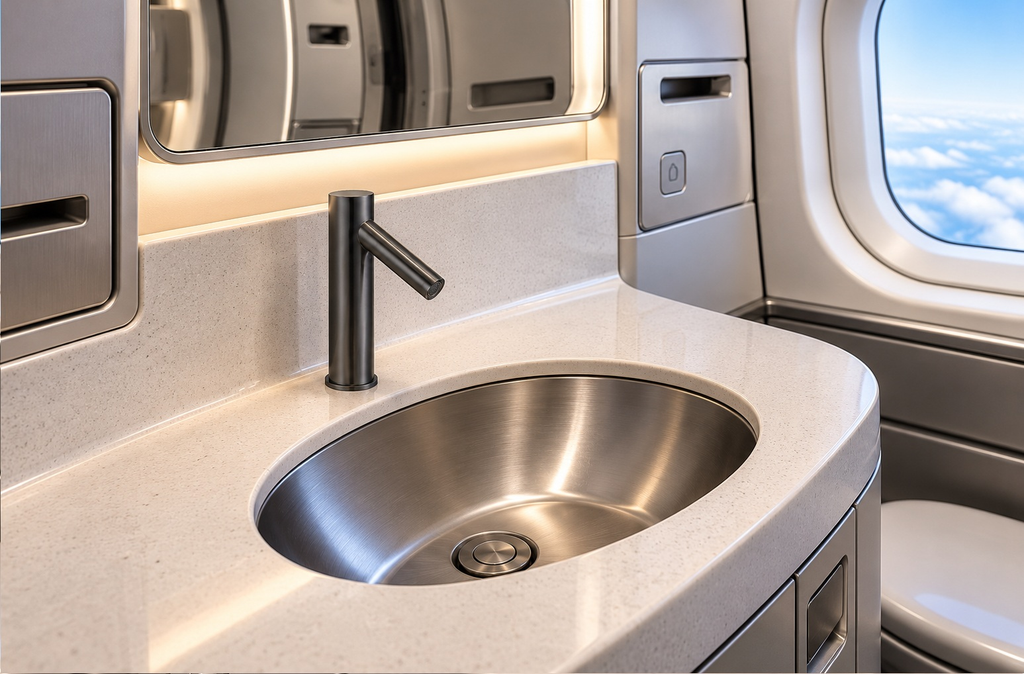 Matte black aviation faucet in a luxury aircraft lavatory