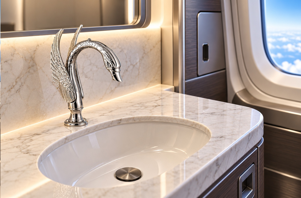 Ornate swan aviation faucet in a luxury private jet lavatory