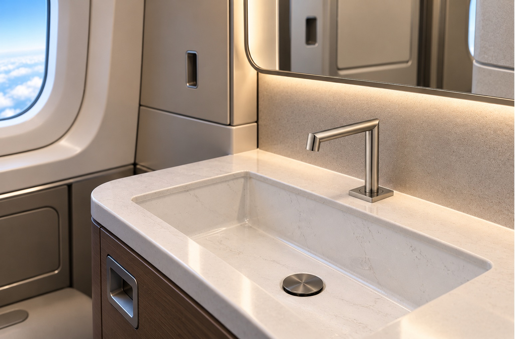 Polished chrome aviation faucet in a modern private jet lavatory