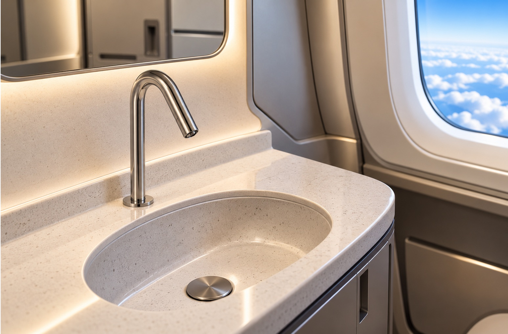 Polished chrome aviation faucet at a private jet lavatory sink
