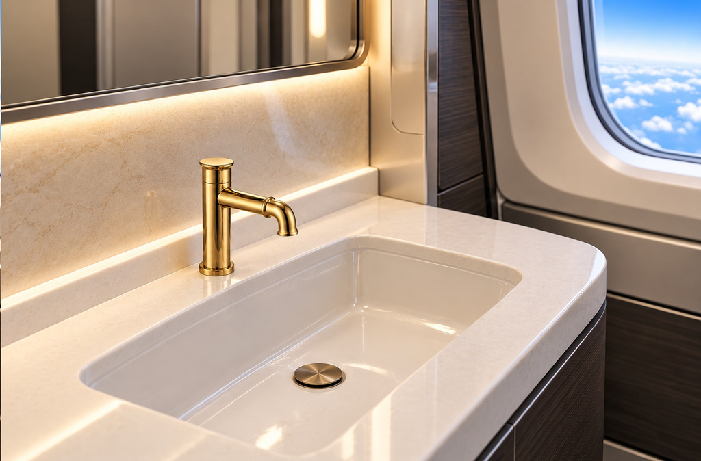 Polished gold aviation faucet in a luxury private jet lavatory