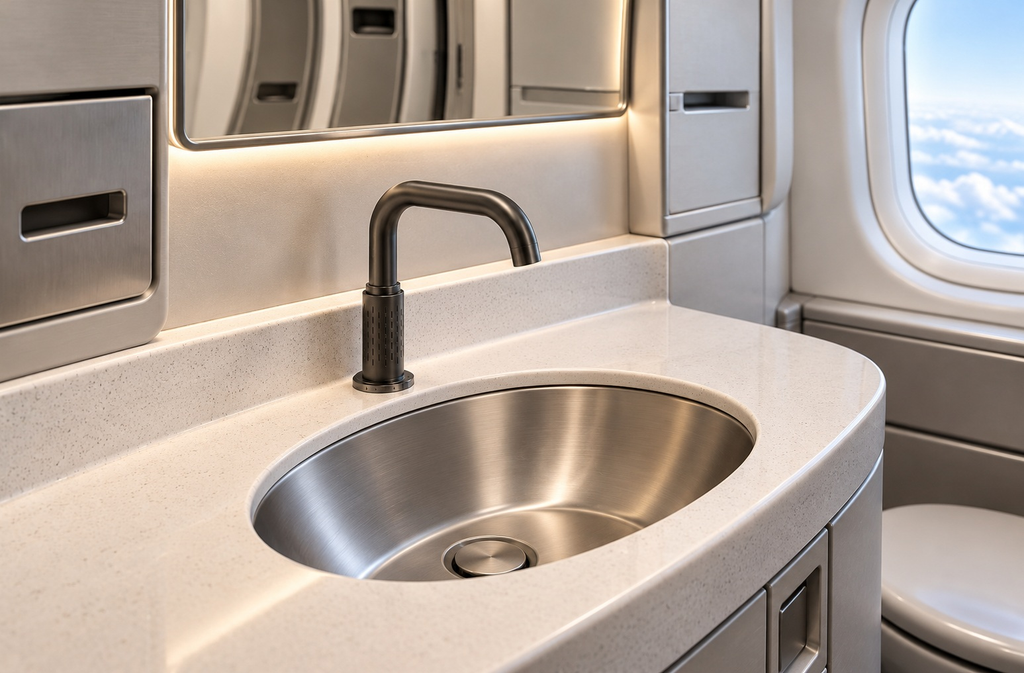 Brushed metal aviation faucet in a private jet lavatory