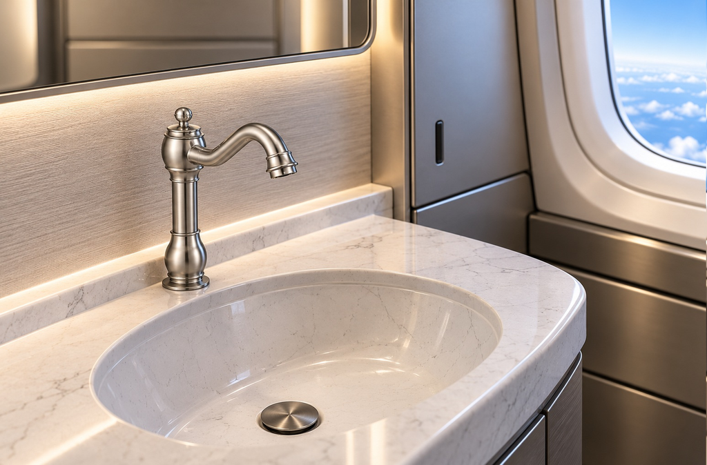 Vintage brushed nickel aviation faucet in a private jet lavatory